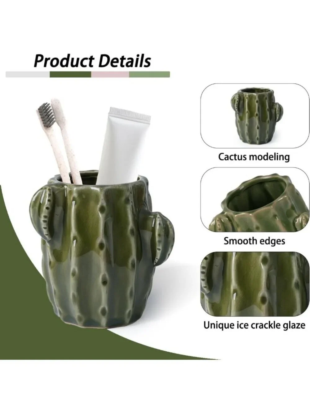 Green Ceramic Cactus Toothbrush Holder - Fun Western Bathroom Decor Accent